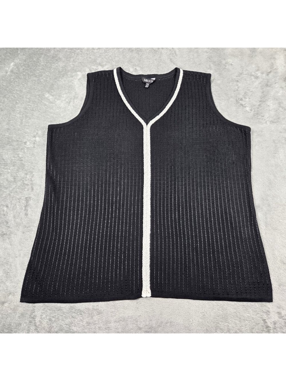 Misook Top Womens L / XL Black Knit Tank Shell White Braided Trim Classic